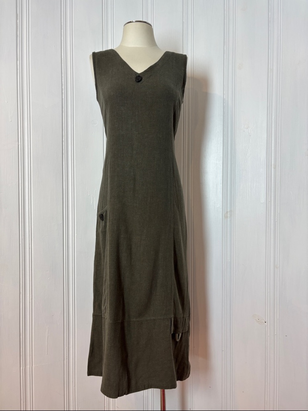 TERRA BORA Khaki Green Linen Blend 2-Piece Dress & Top Boho Lagenlook Set Size S